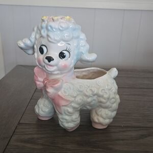 Vintage Ceramic Poodle Planter in White and Pink